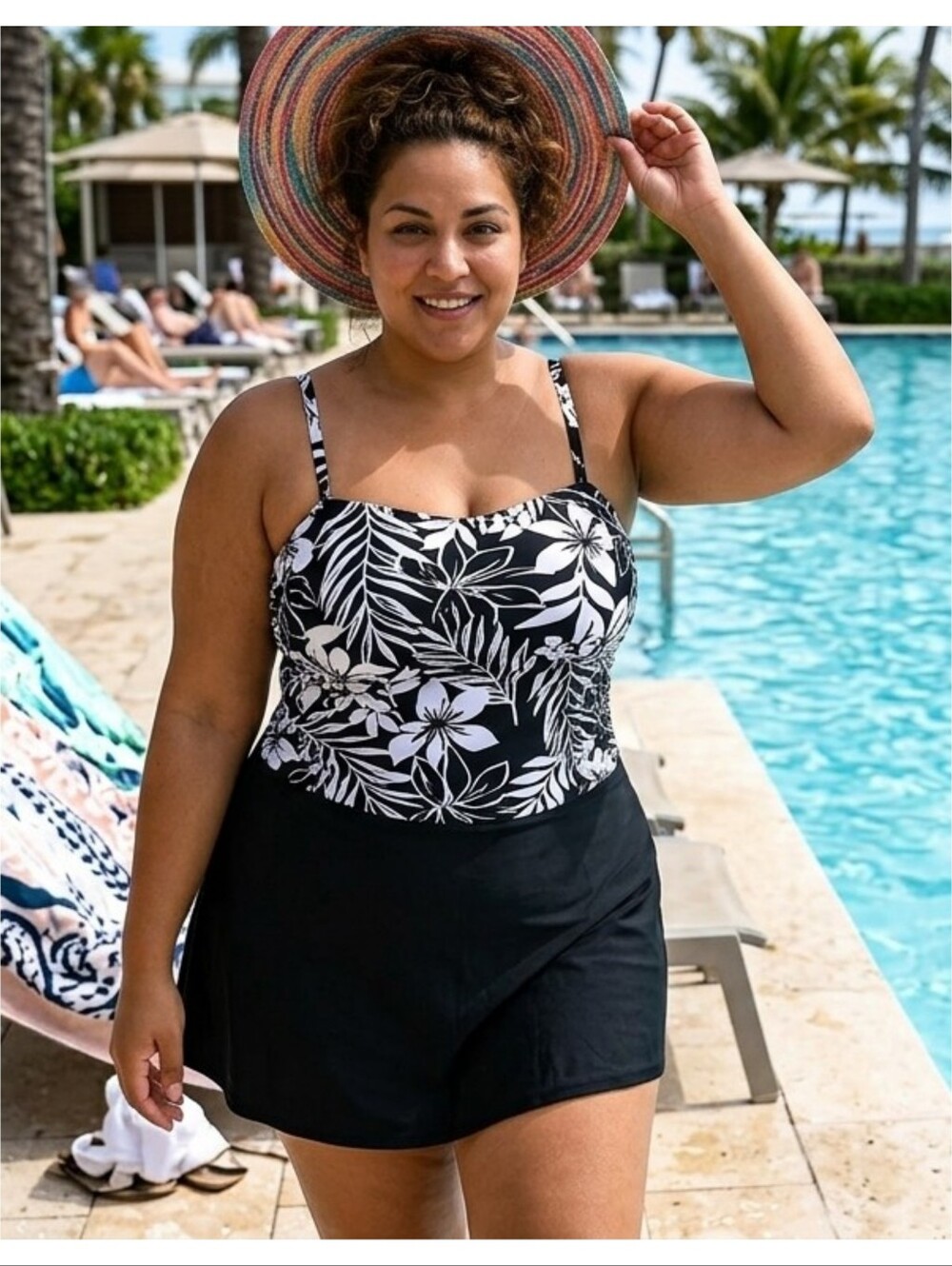 Via Marina One Piece Palm Leaf  Swim Dress Black & White Size 14